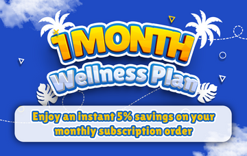 Promotional graphic for a '1 Month Wellness Plan' with a blue background and palm trees.