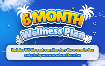 Promotional graphic for a 6-month wellness plan with tropical elements on a blue background.