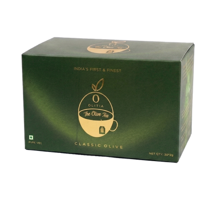 Green box of Olive Tea with branding on a white background