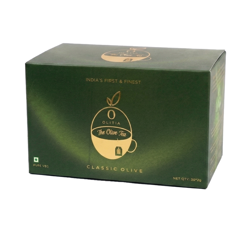 Green box of Olive Tea with branding on a white background