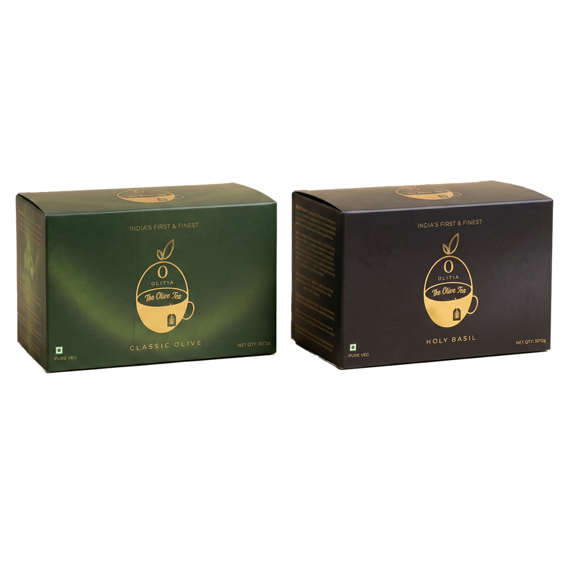 Two boxes of Olive Tea, one green and one black, on a white background.