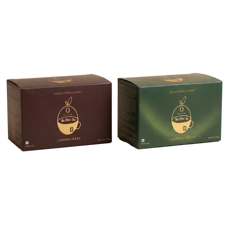 Two tea boxes, one brown and one green, with a logo on a white background.