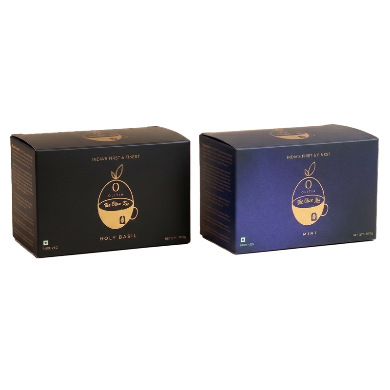 Two black boxes with gold and blue designs on a white background