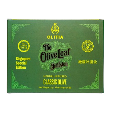 A green rectangular box of Olitia The Olive Leaf Infusion Classig Olive herbal infused tea, shown against a plain white background.