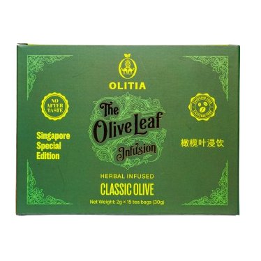 A green rectangular box of Olitia The Olive Leaf Infusion Classig Olive herbal infused tea, shown against a plain white background.