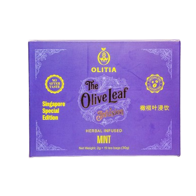 A purple rectangular box of Olitia The Olive Leaf Herbal Infused Mint tea, featuring gold and white text and decorative borders on a white background.