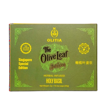 A green rectangular box of Olitia The Olive Leaf Herbs, Herbal Infused Holy Basil, Singapore Special Edition, shown on a plain white background.