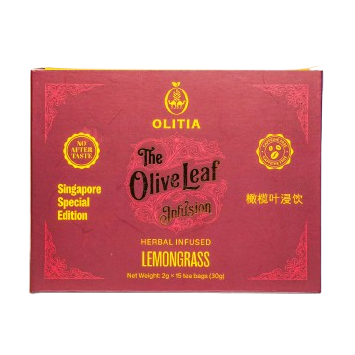 A red rectangular box of Olitia The Olive Leaf Infusion Herbal Infused Lemongrass tea, shown against a plain white background.