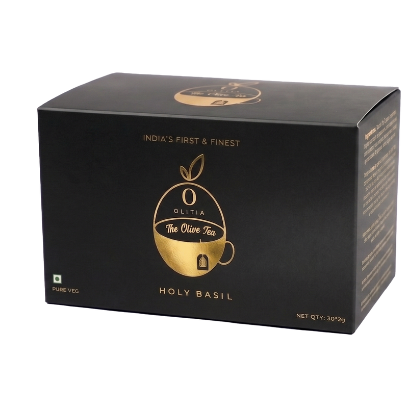 Black tea box with gold logo and text on a white background