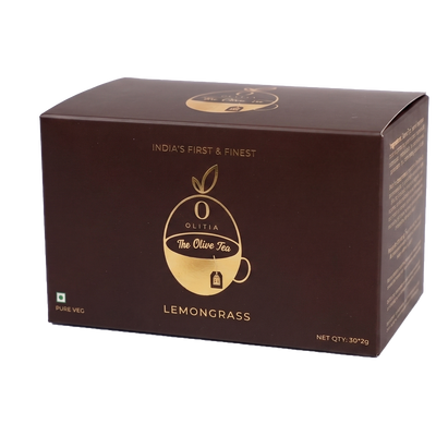 Brown box of Lemongrass tea with gold logo and text on a white background