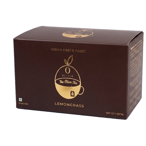 Brown box of Lemongrass tea with gold logo and text on a white background
