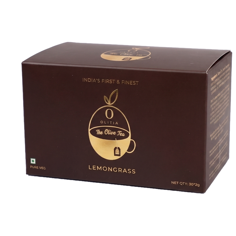 Brown box of Lemongrass tea with gold logo and text on a white background