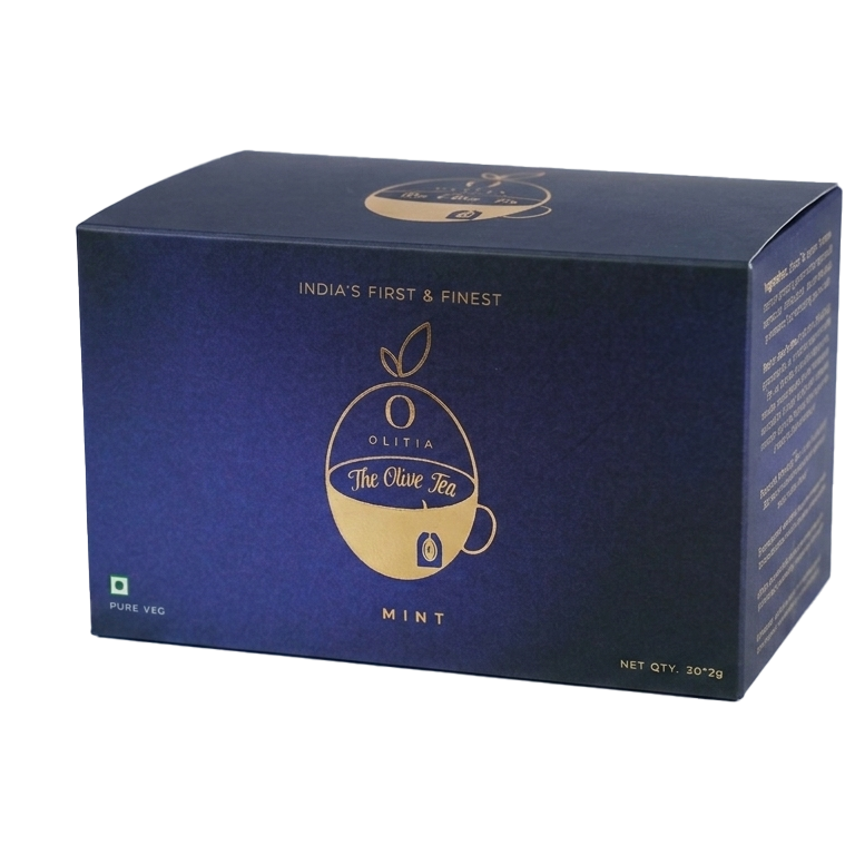 Blue box of Olitia  tea on a white background